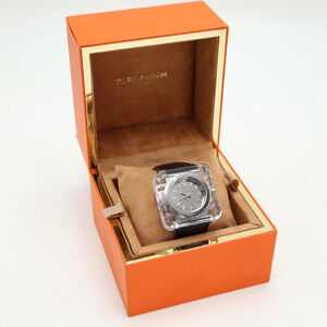 Tory Burch Izzie Watch Clear Silver 36mm Case Black Genuine Leather Strap In Box